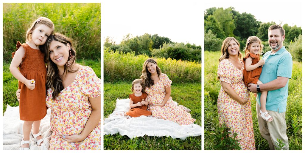 Pregnant mom and her daughter sit on white blanket in field at Mingo Creek while laughing.