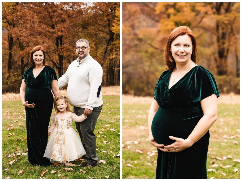 Pregnant mom wears green velvet dress and poses in from of fall leaves at Hartwood Acres mansion.