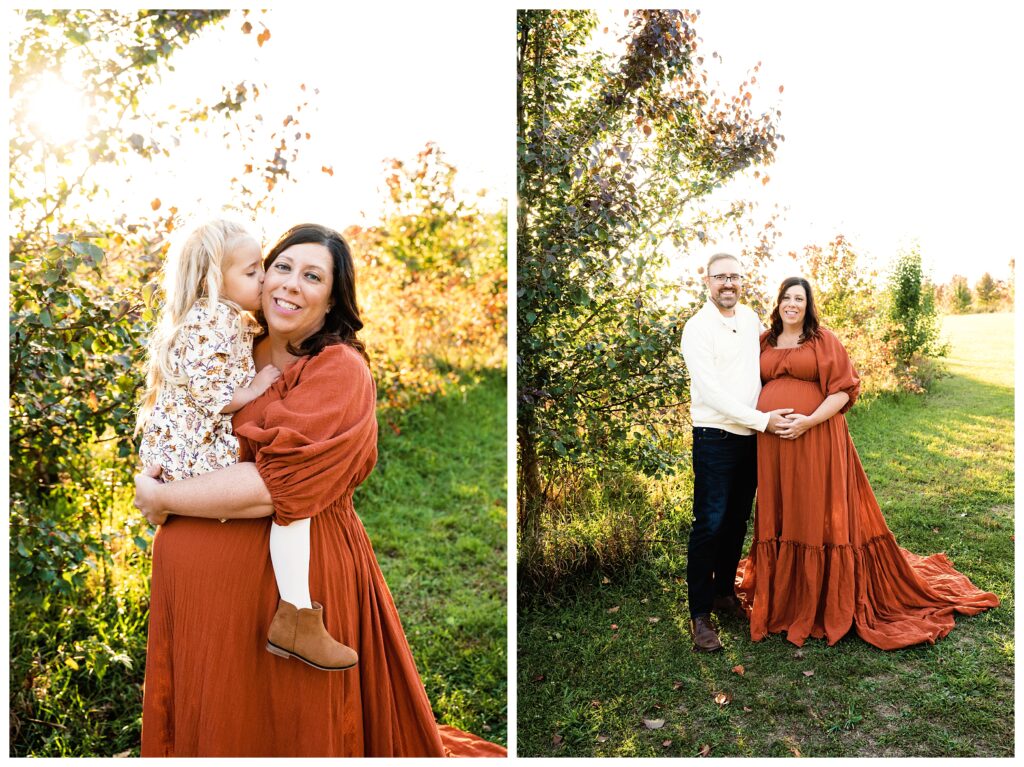First image shows pregnant mom wearing Reclamation dress at Fairview Park and holding her daughter. Second image show expecting wife and husband.