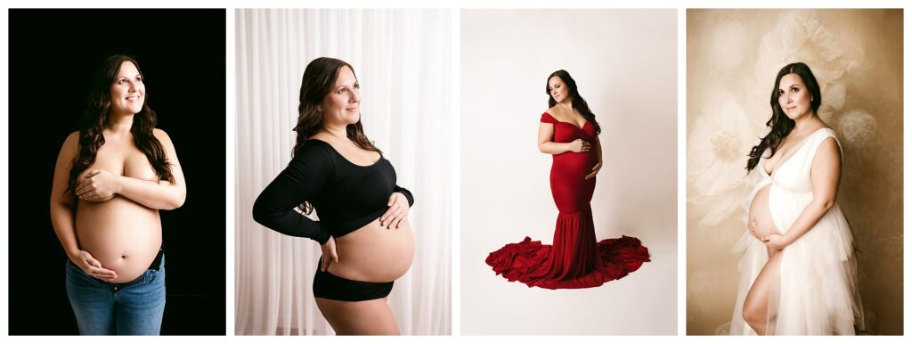 first image is pregnant mom in black two piece in front of white curtain. Second image shows mom in red dress on white backdrop.