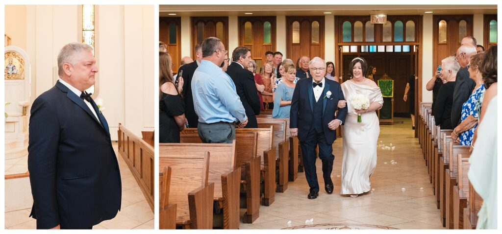 Father of the bride walks bride down the aisle at Holy Cross Greek Orthodox Church