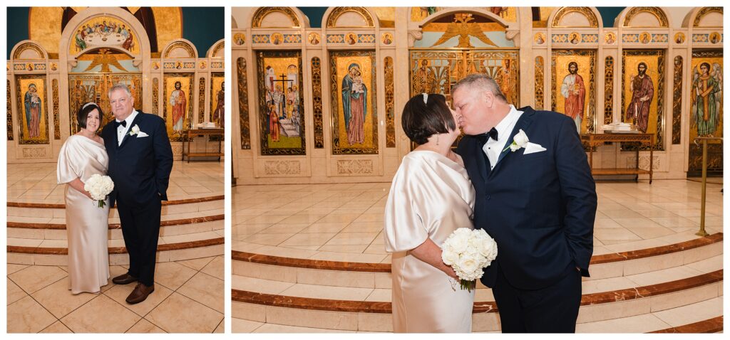 Bride and groom kiss at altar at Holy Cross Greek Orthodox Church.