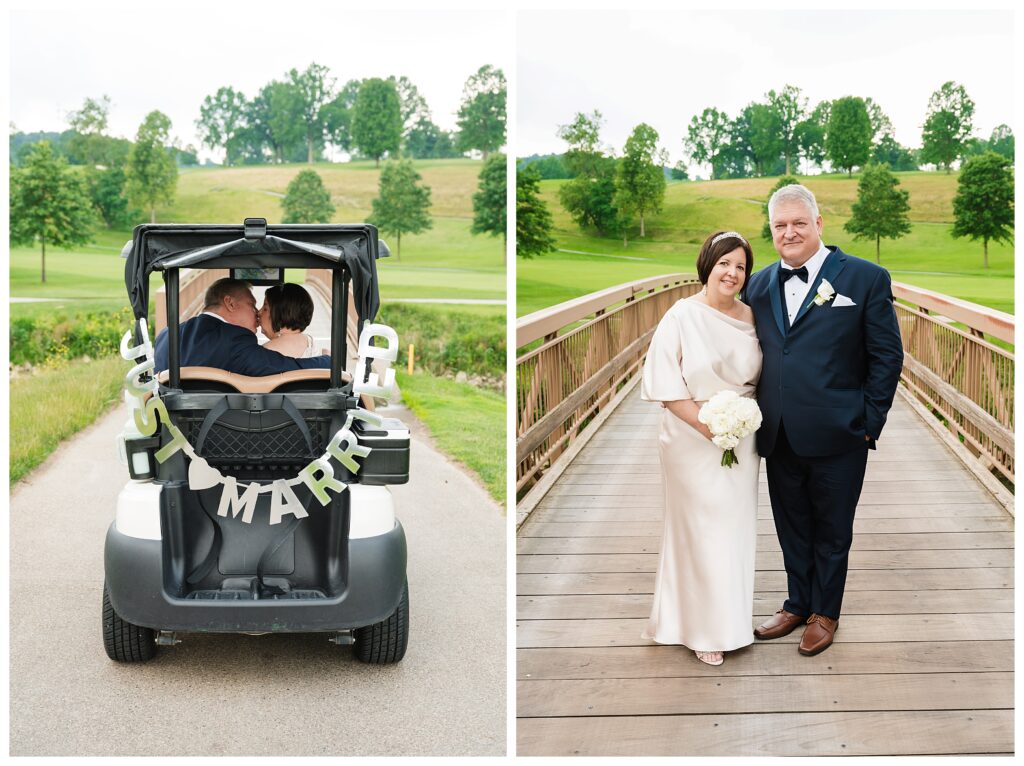 Bride and groom kiss on golf cart with a "just married" sign at valley brook country club in mcmurray.