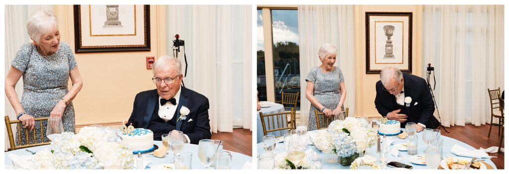 Bride's father receives birthday cake celebrating 90 years at reception at valley brook country club wedding