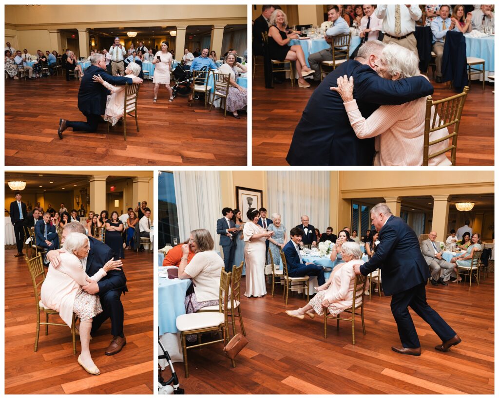 groom pulls elderly mother in chair to dance floor to dance with her at valley brook country club wedding