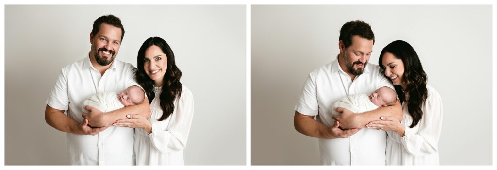 Mom and dad where simple white outfits while posing with newborn son during this neutral studio newborn session.