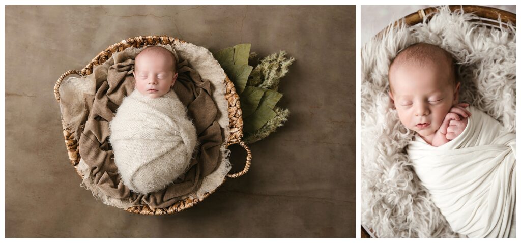 Newborn boy lays in round basket while wrapped in a fuzzy taupe wrap on a brown backdrop.
