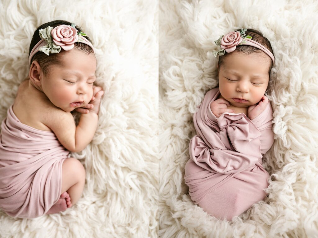 Side by side images of newborn baby girl wrapped in pink with a pink floral headband