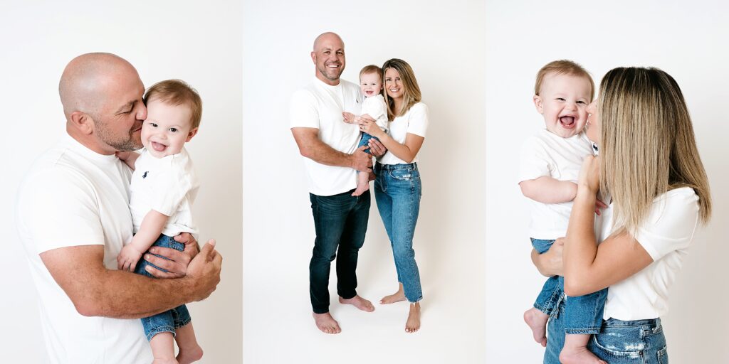 3 images: dad snuggling toddler, mom and dad holding baby in the center, and mom snuggling baby during casual 1st birthday session.