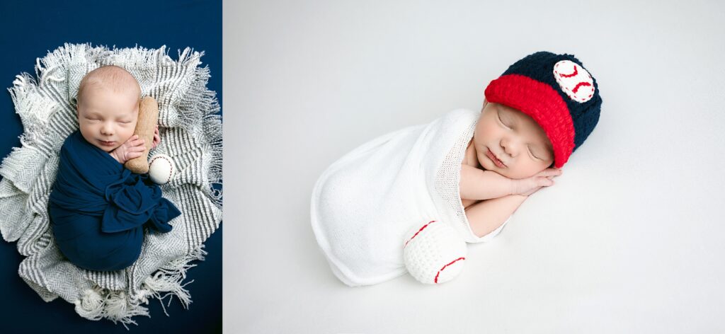 Two images. The first is a newborn boy swaddled in blue holding a tiny felted baseball bat and baseball. The second show a newborn boy with a felted baseball hat sleeping on his side and a felted baseball close to him.