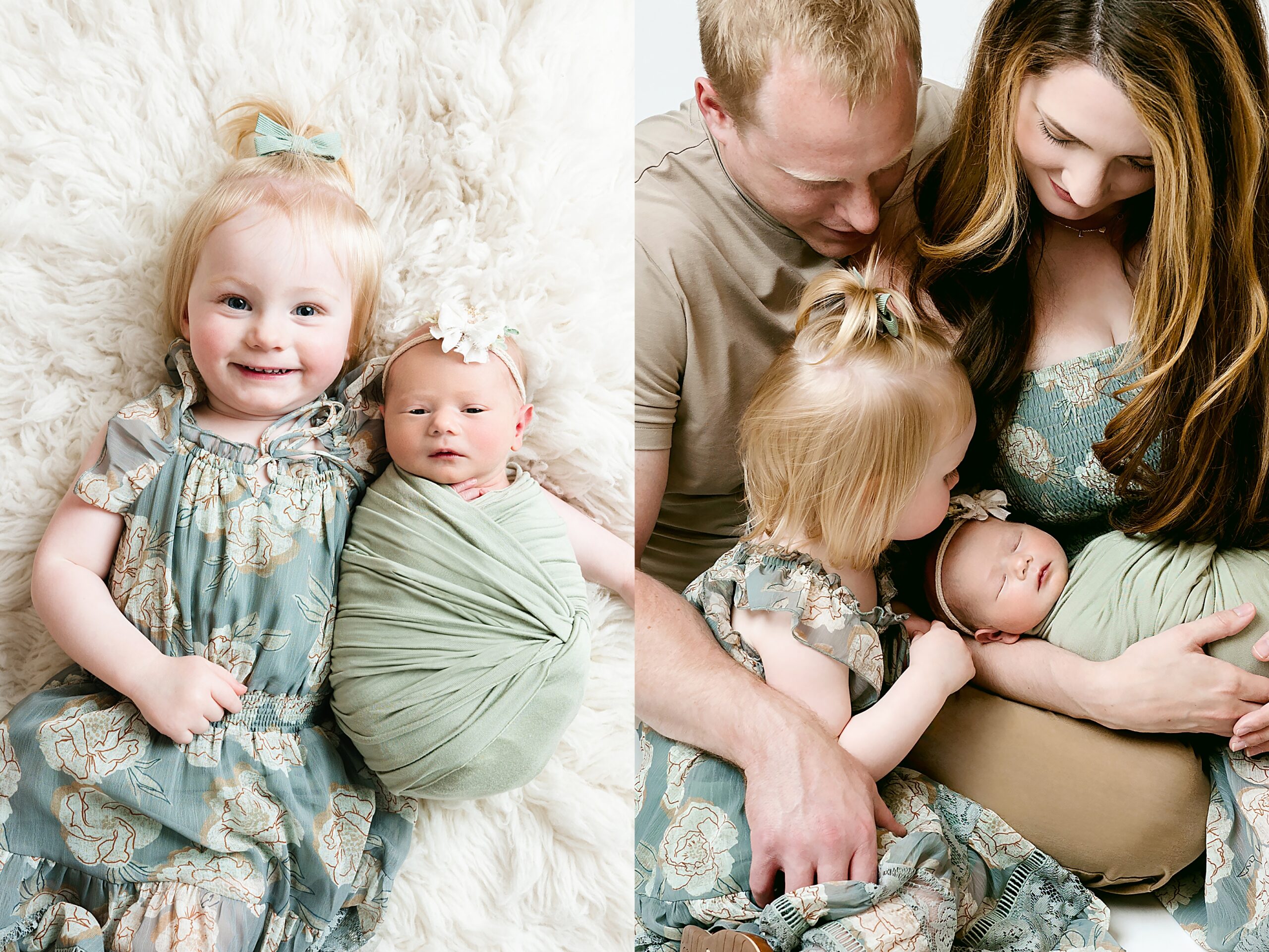 Left Image: A happy young girl with light blonde hair, wearing a green dress with floral patterns, lies on a soft, fluffy white rug. She is smiling brightly while holding a newborn baby wrapped in a light green swaddle. The baby, adorned with a white floral headband, looks serene and content. Right Image: A tender family moment captured with a mother, father, and their two children. The mother, with long brown hair, and the father, with short blonde hair, are sitting close together. The young girl from the left image leans in to look at her newborn sibling, who is peacefully sleeping in the mother's arms. The family is dressed in coordinated earth-toned outfits, enhancing the warmth of the scene.