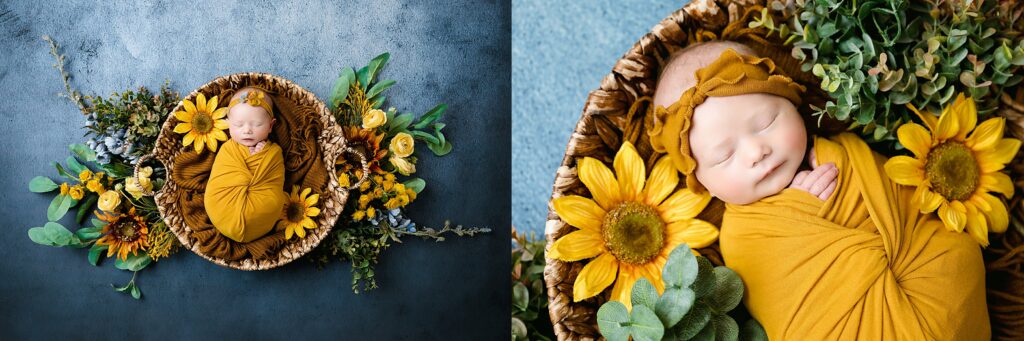 A peaceful newborn baby wrapped in a mustard-yellow swaddle, adorned with a matching headband, sleeps in a wicker basket surrounded by vibrant sunflowers and lush green foliage. The basket is set against a textured blue background, creating a striking contrast that highlights the baby's serene expression and the bright colors of the flowers.

Booking your photography newborn session during your second trimester gives us plenty of time to plan what kind of scenes and colors you would like to use.