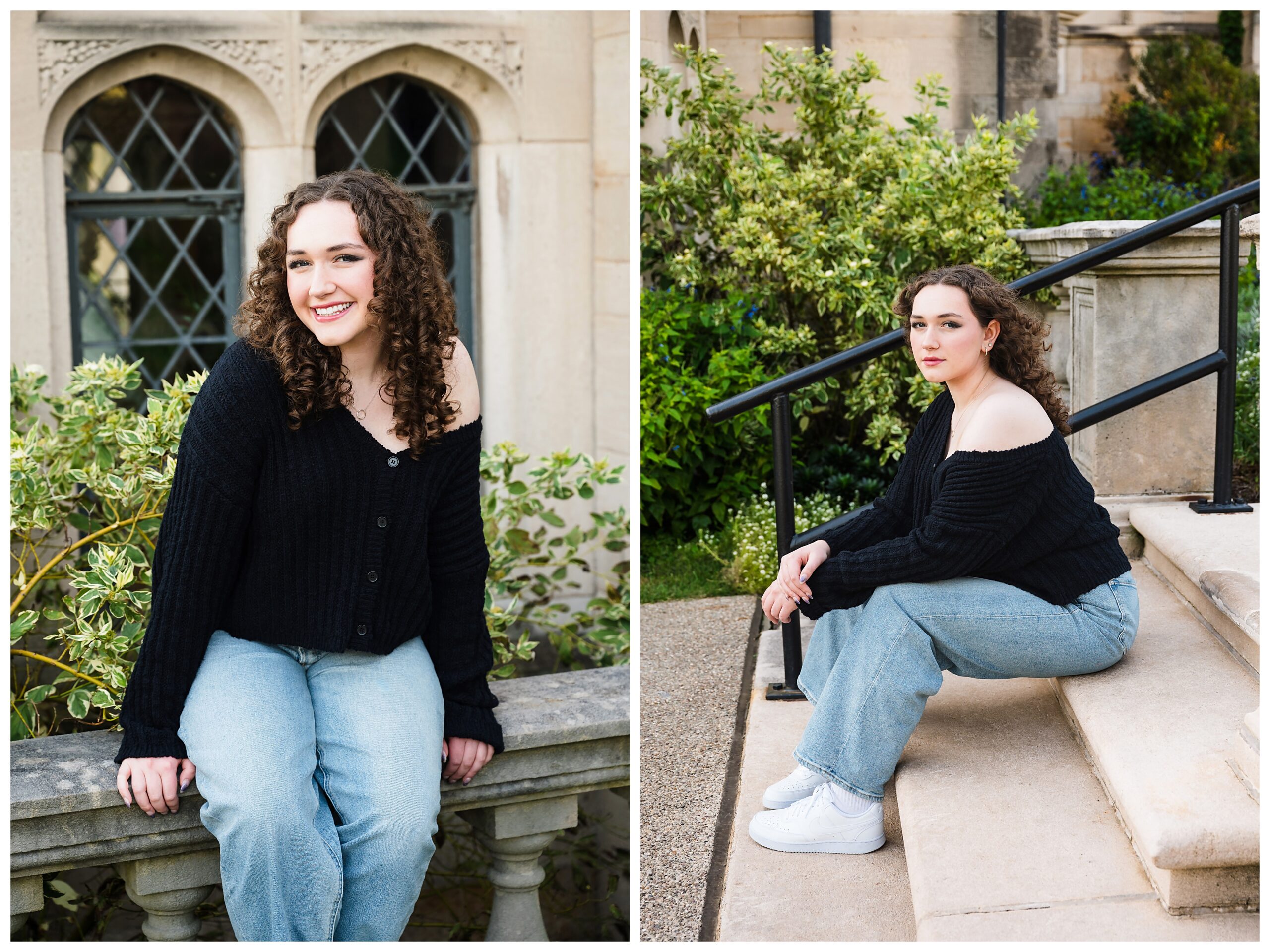 left image: Senior girl with curly hair sitting on a stone bench smiling, with gothic-style architecture behind her at Hartwood Acres Mansion in Pittsburgh.
right image: Senior girl sitting on stone steps surrounded by greenery at Hartwood Acres Mansion in Pittsburgh during her senior session.