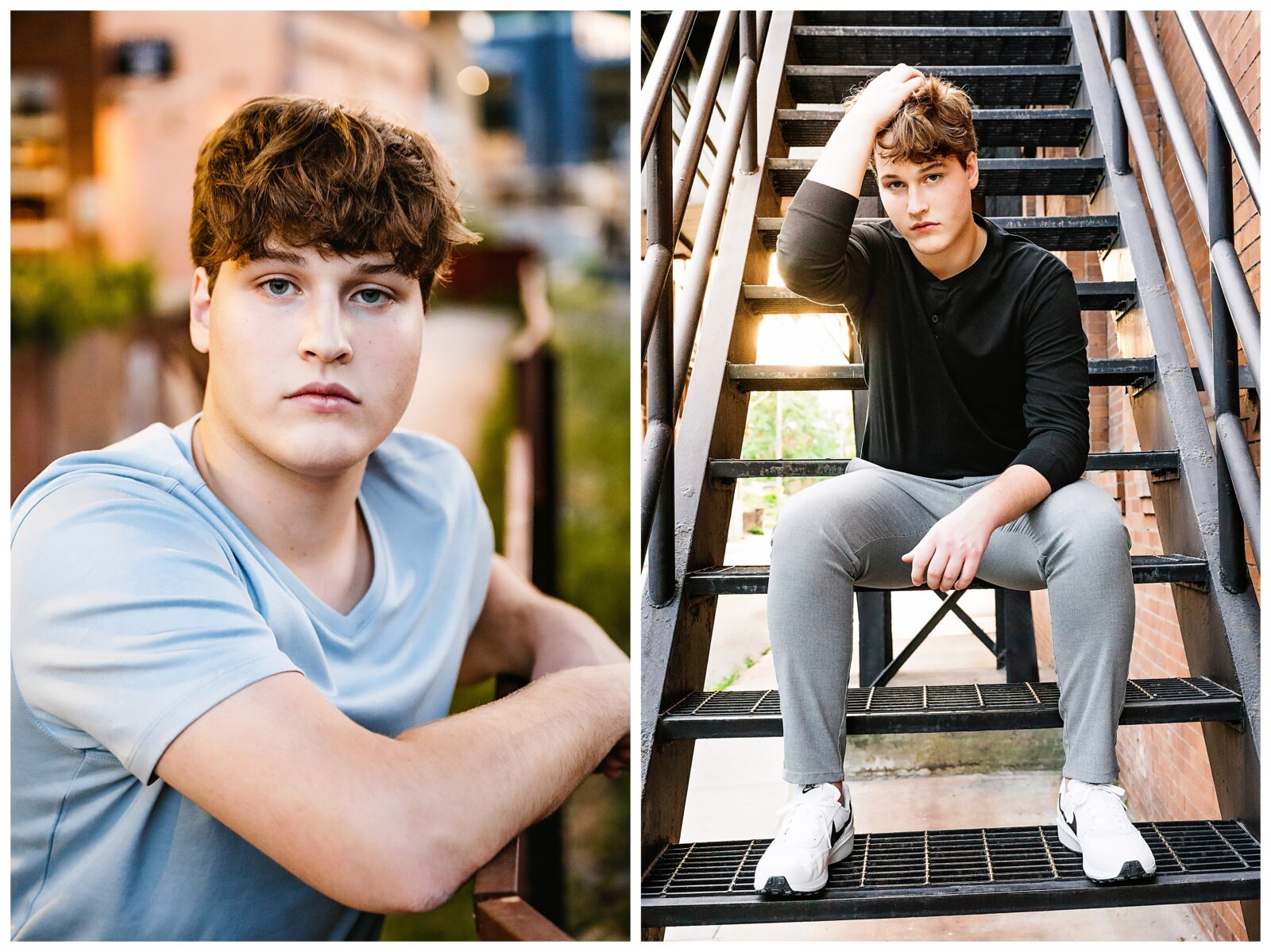 Close-up of a high school boy in a blue shirt leaning on a wooden railing with a soft cityscape in the background during his Pittsburgh senior photos.
High School boy sitting on metal stairs with one hand in his hair during his urban Pittsburgh senior photography session.