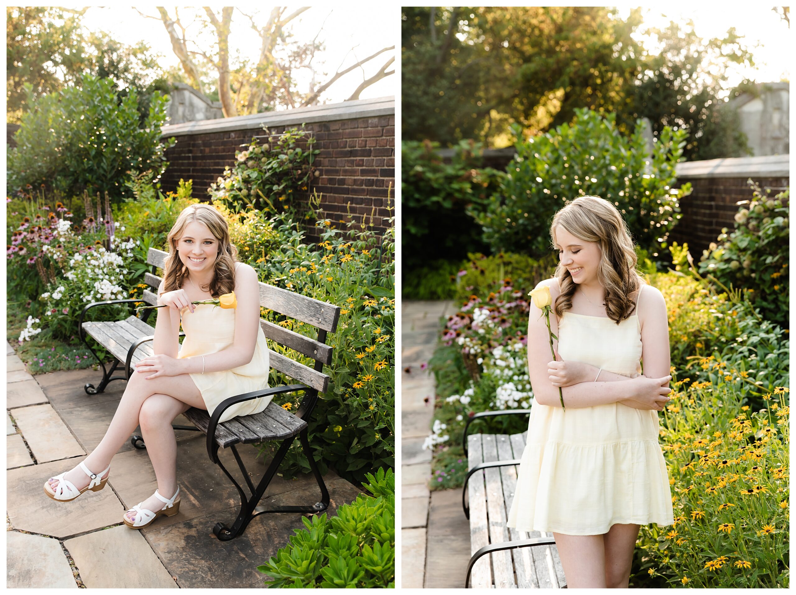 left image - Senior girl in a light yellow dress holding a yellow rose while sitting on a bench surrounded by colorful flowers at Mellon Park in Pittsburgh.
right Image- Senior girl smiling while standing in a vibrant garden holding a yellow rose at Mellon Park in Pittsburgh during golden hour.